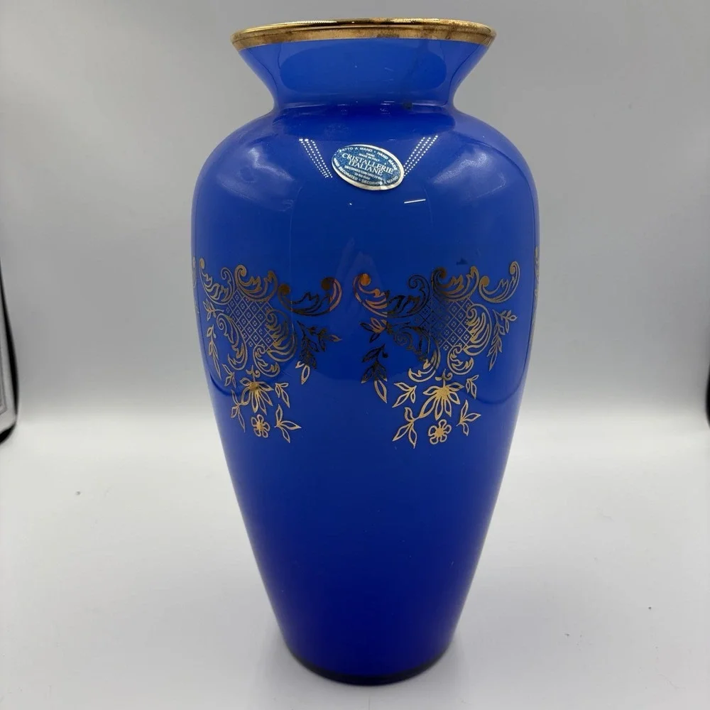 Handmade Italian Cristallerie Cobalt Blue24k Gold Accent Vase Mid Century Modern